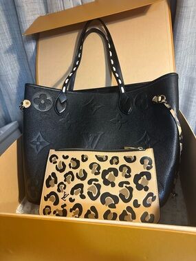 Black Leather Tote with Leopard Pouch